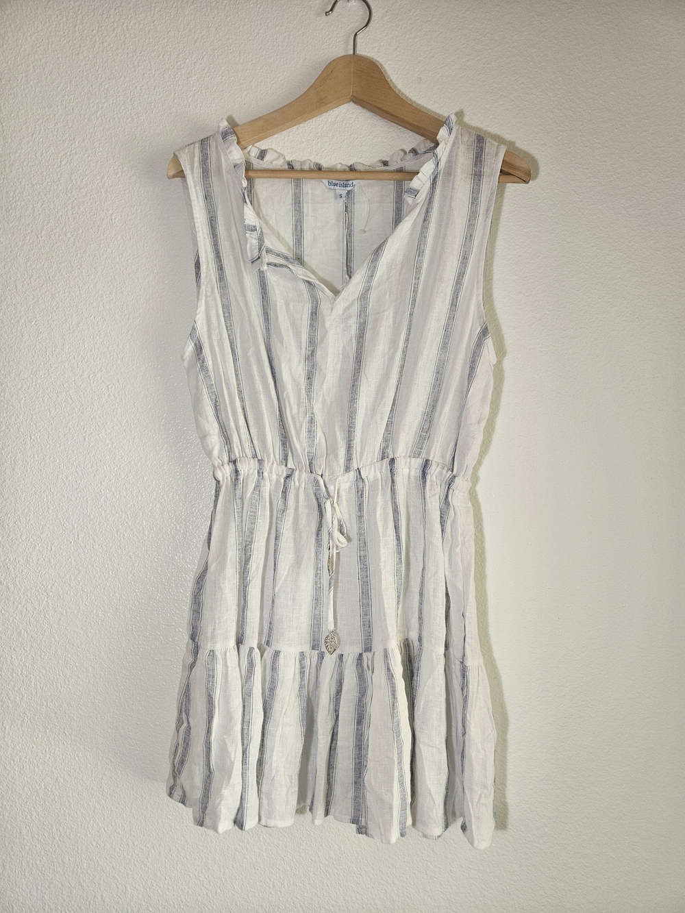 blue island White & Blue Striped Linen Blend Ruffle Neck Sleeveless Swim Coverup